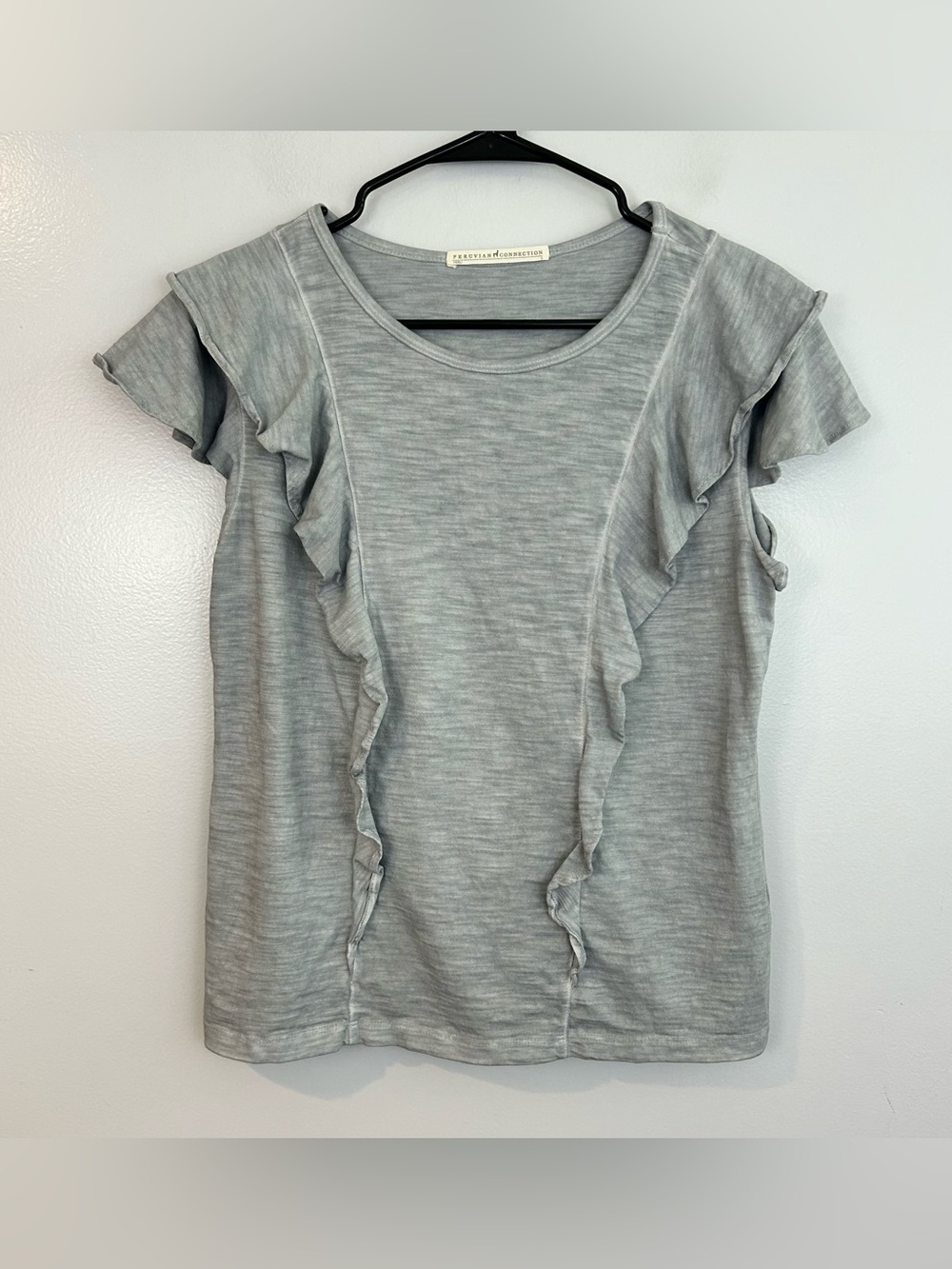 Peruvian Connection Meringue Grey Ruffle Short Flutter Sleeves Top Size Small